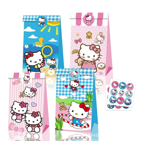 24 PCS Party Favor Candy Bags for Anime Kitty White Themed Birthday Supplies Decor,Kids Birthday Game Party Kraft Paper Goodie Gift Bag Decorations