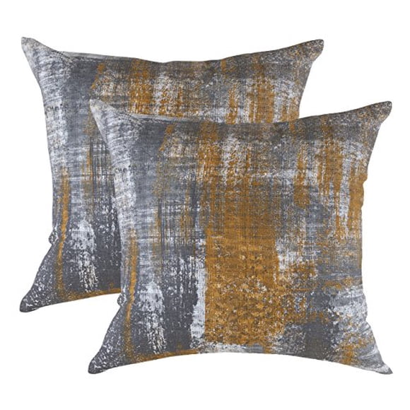 TreeWool (Pack of 2) Decorative Throw Pillow Covers Brush Art Accent in 100% Cotton Canvas for Sofa, Couch, Bedroom, Home Decor (20 x 20 Inches, Mustard & Gray)
