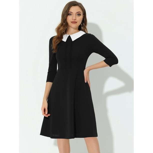 Women's Halloween Peter Pan Collar 3/4 Sleeve A-Line Dress Large Black 