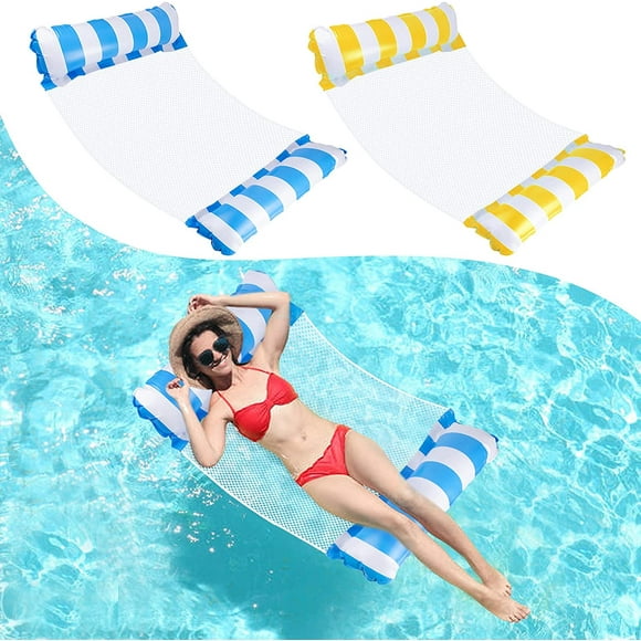 Hamacas inflables para piscina (paquete de 2), 4 en 1, ligeras y flotantes, portátiles, ideales para niños, adultos, playa, fiesta en la piscina (azul y amarillo)