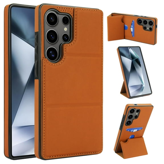 Back Case for Samsung Galaxy S25 Ultra, Card Slots Kickstand PU Leather Magnetic Button Shockproof Protective Stylish Ultra Slim Phone Case Cover Compatible with Samsung Galaxy S25 Ultra, Brown