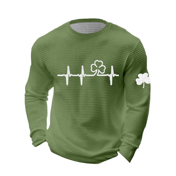 CONZONE St. Patrick's Day Men's T-Shirts Long Sleeve T Shirts for Men Casual Crew Neck Green Clover Embroidery Lightweight Tees Soft Cozy Athletic Tops
