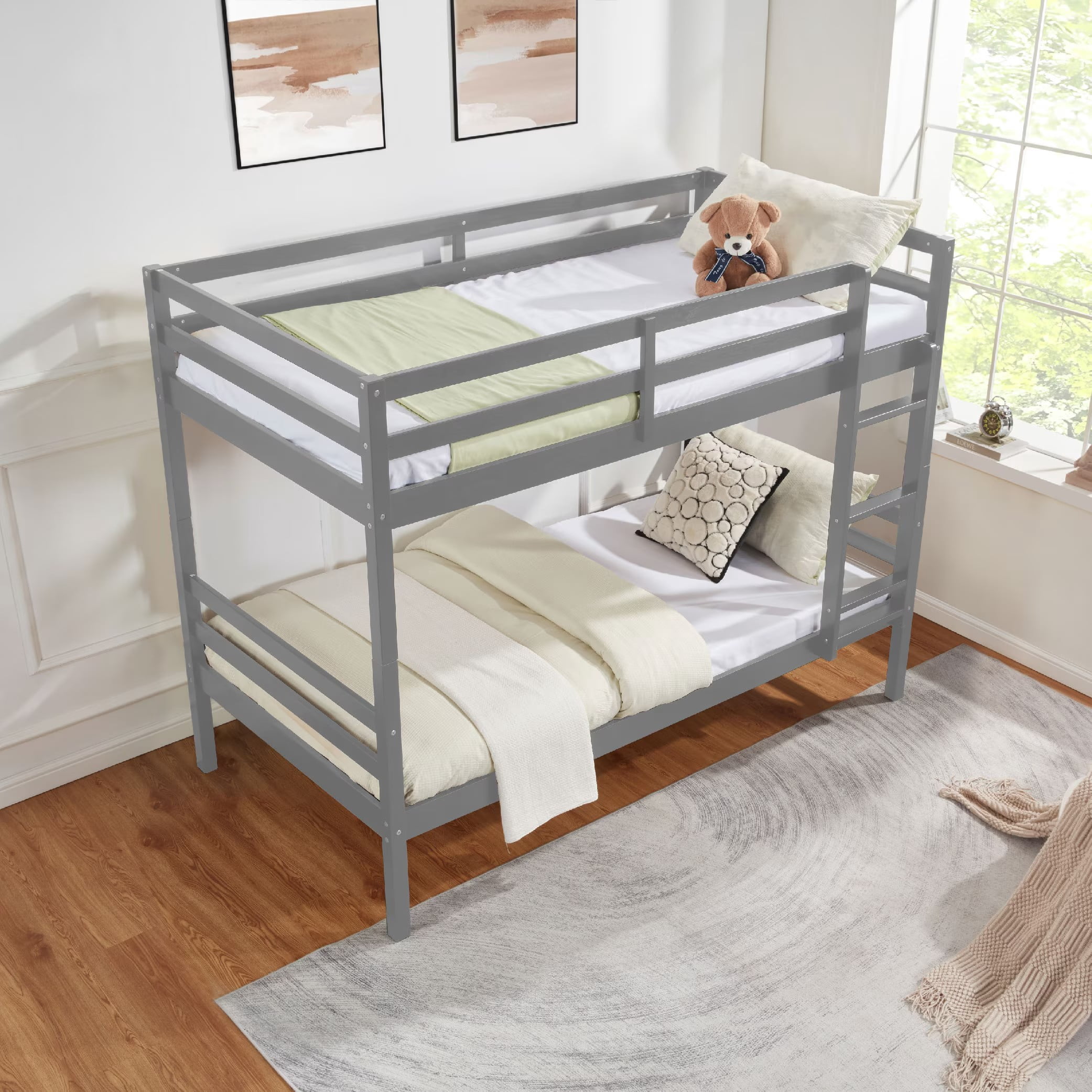 Aukfa Twin over Twin Bunk Bed, Wooden Bunk Bed with High Guardrail for Kids/Teens and Dorm Room/Guest Room, Gray