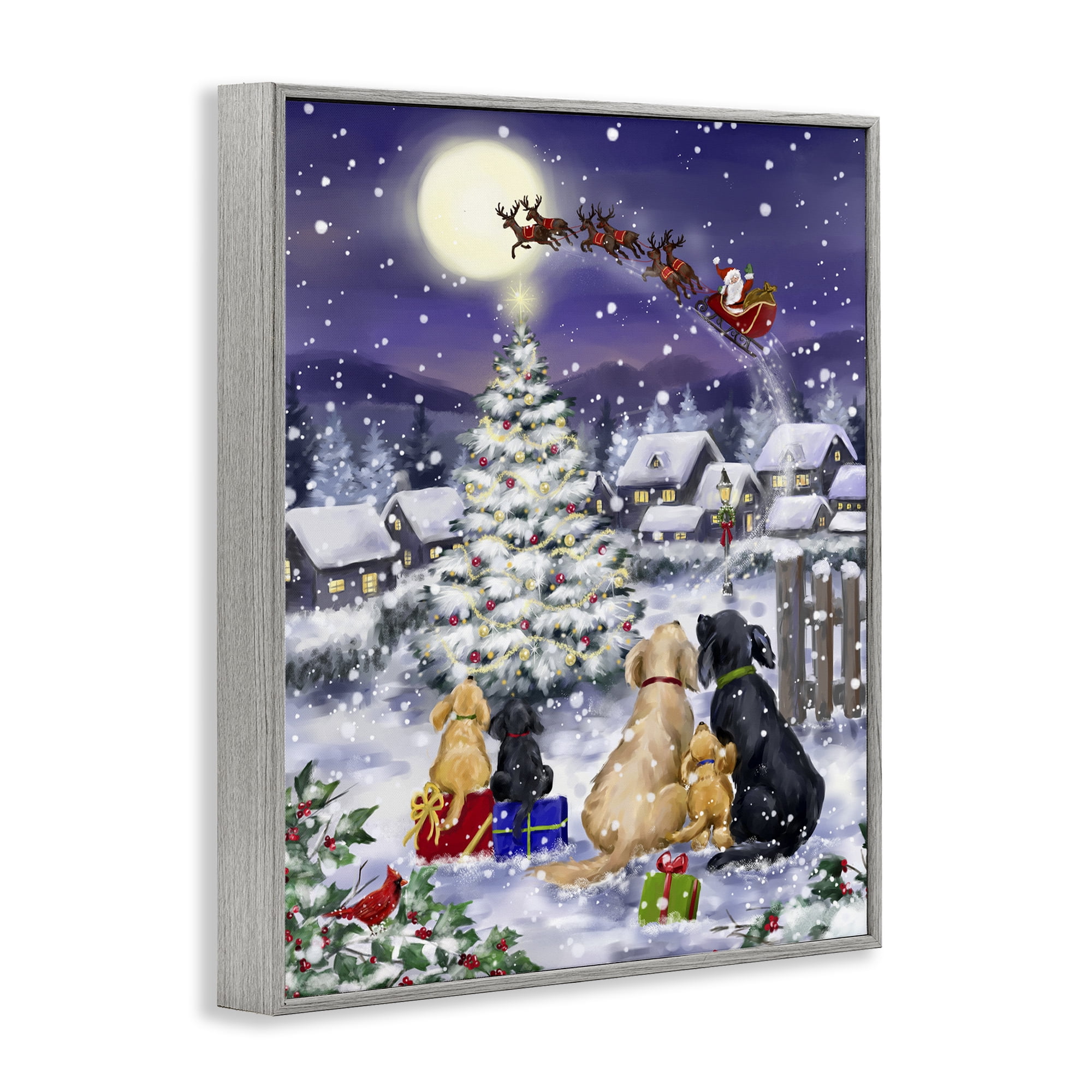 Stupell Industries Dogs Watching Sleigh Holiday Painting Gray Framed Art Print Wall Art, 24 x 30