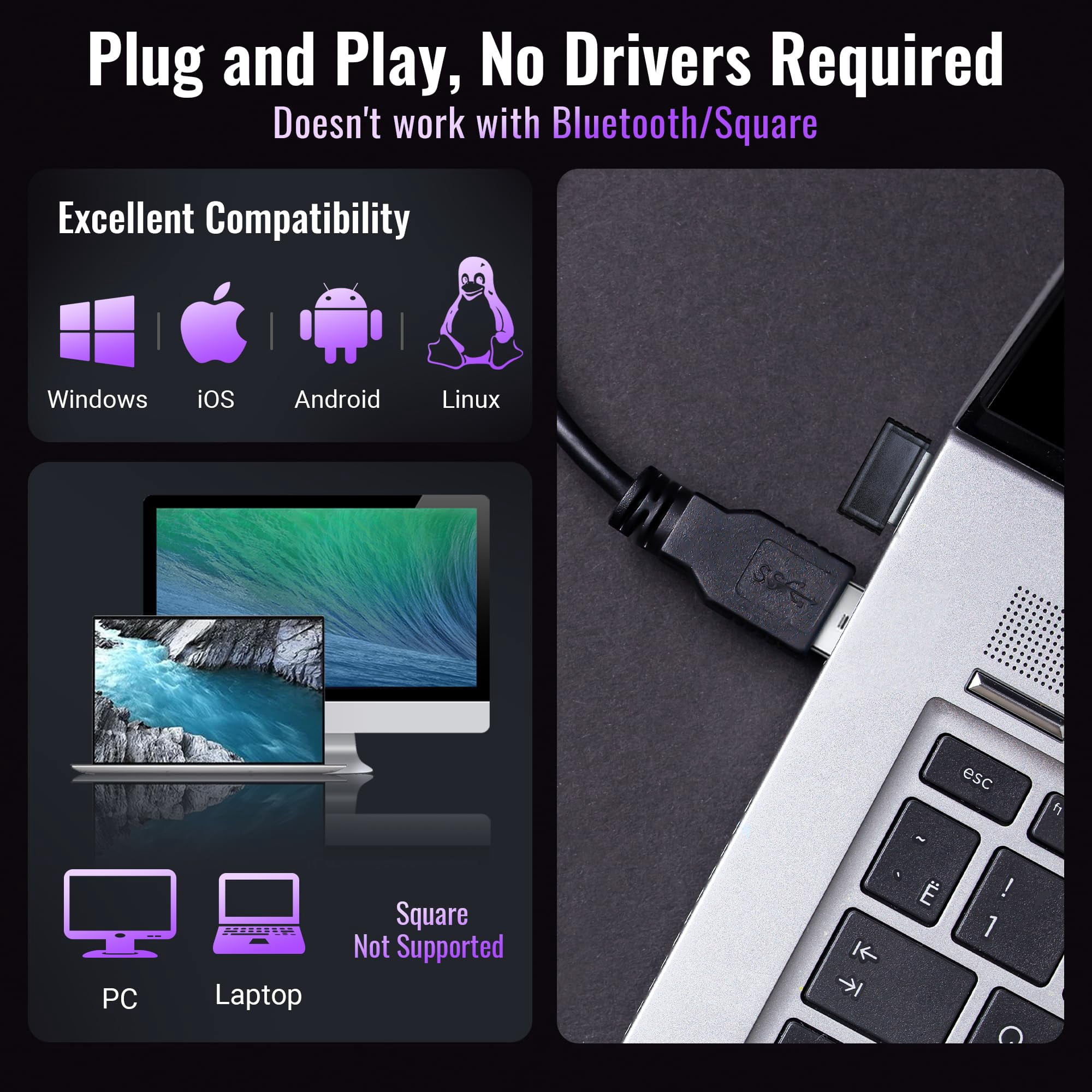 Tera 5100 Barcode Scanner Wireless 1D Laser QR Code Reader, Handheld 2-in-1 for POS with Windows Mac Linux (Purple)