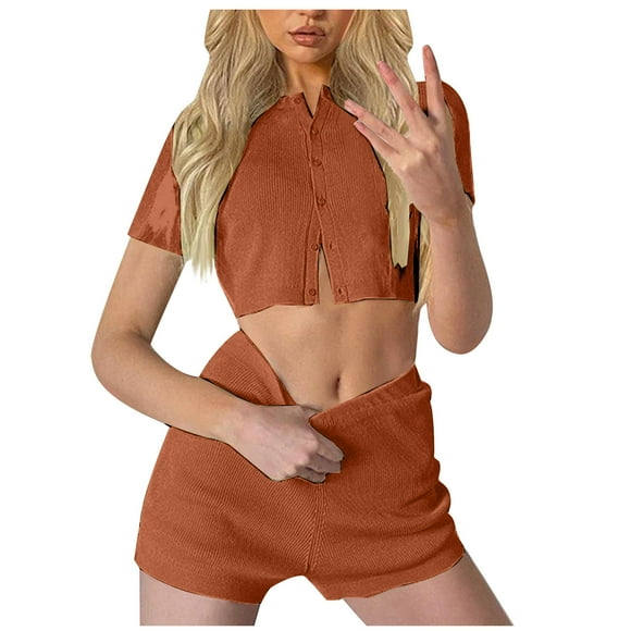 Women's Ribbed 2 Piece Outfits Short Sleeve Button Down Crop Top with High Waist Biker Shorts Club Outfits Tracksuits