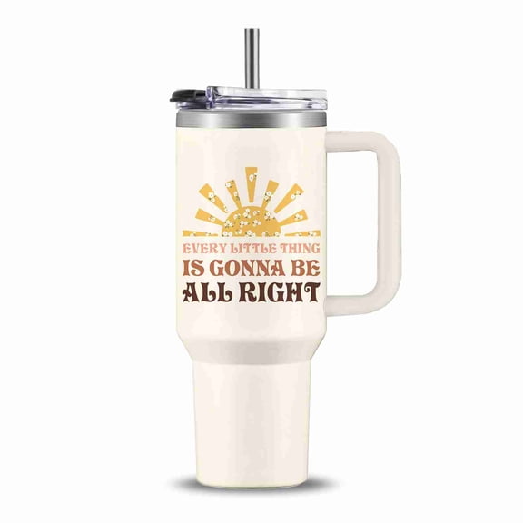 40 oz Retro Sun Every Little Thing Is Gonna Be All Right Tumbler with Handle and Straw, Insulated Stainless Steel Travel Cup for Women and Gifts
