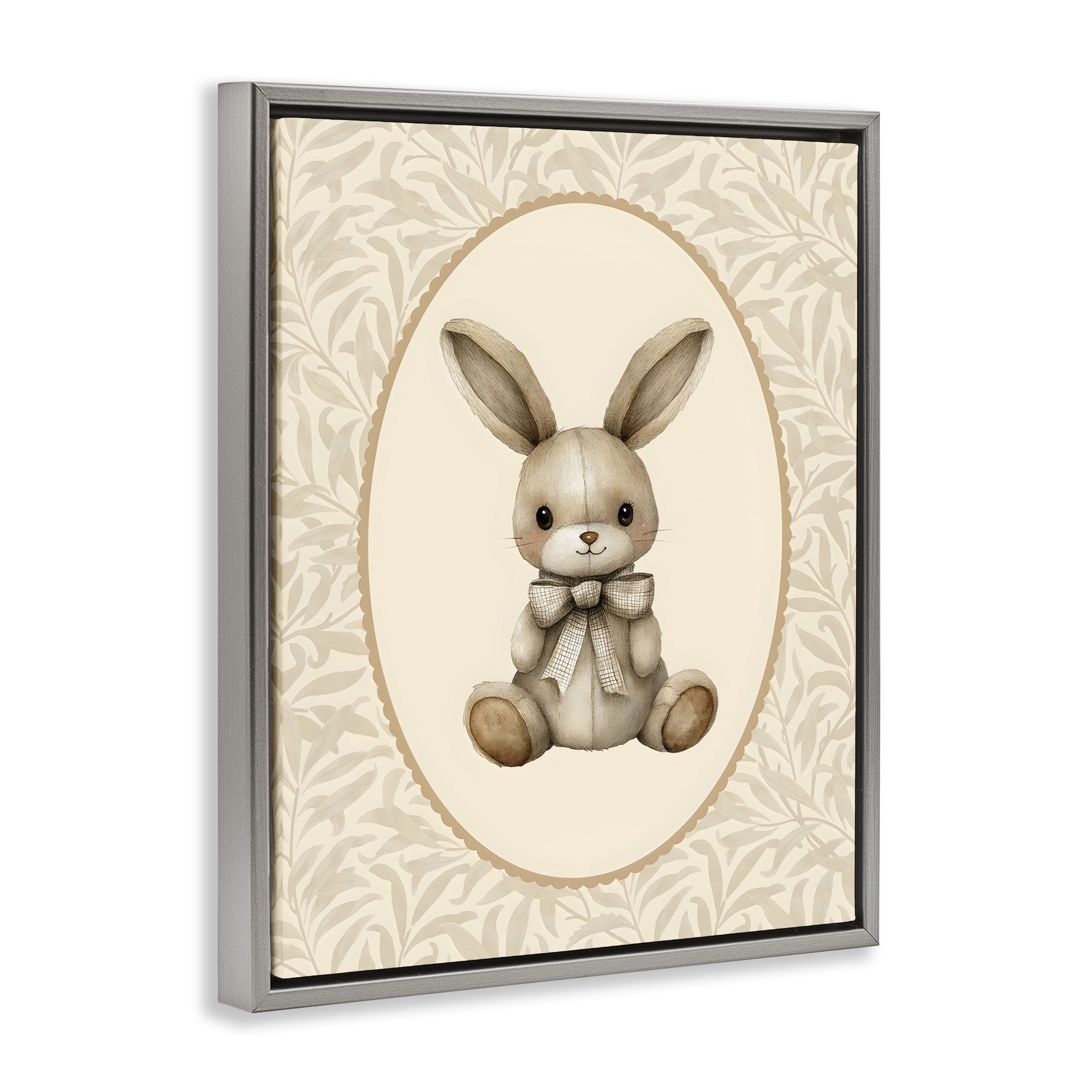 Stupell Industries Neutral Bunny in Oval Border Gray Framed Floater Canvas Wall Art, design by LSR Design Studio