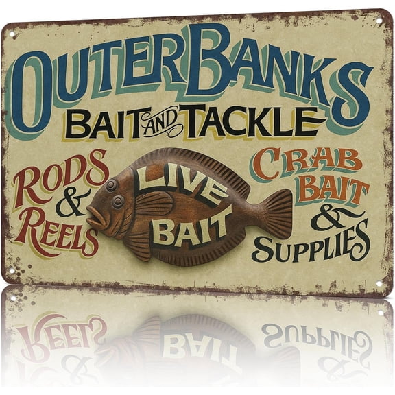 Funny Metal Tin Sign Outer Banks Bait And Tackle Surf Rods And Reels Wall Art for Dorm Home Garage Office Decor 8 x 12 Inch