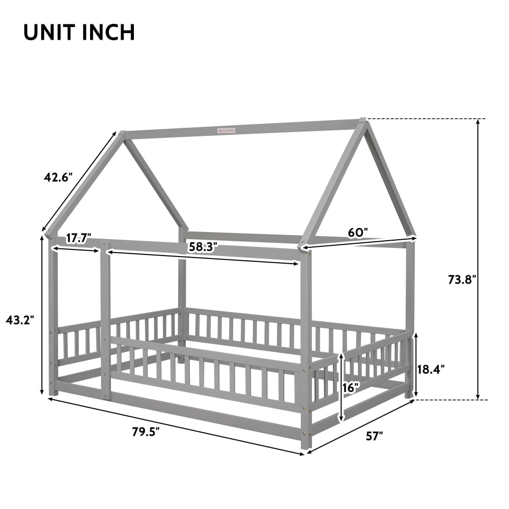JINS and VICO Kids Girls Boys Full Montessori Pine / Plywood Floor Bed with Roof Design, Gray