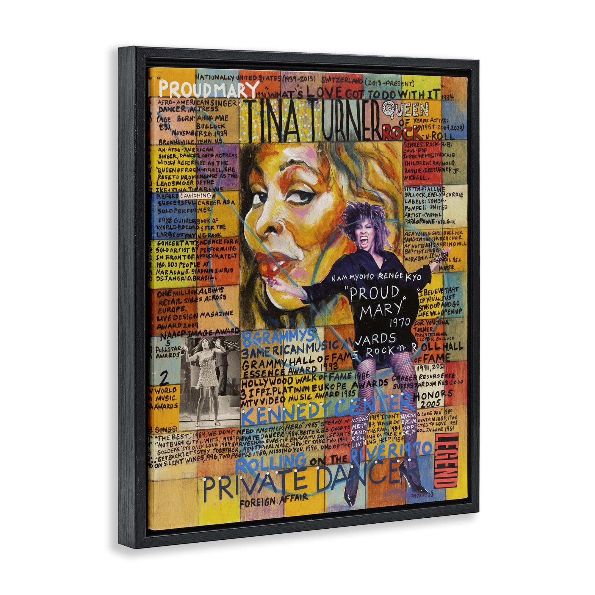 Stupell Industries Tina Turner Collage People Drawing Black Floater Framed Canvas Art Print Wall Art, 17 x 21