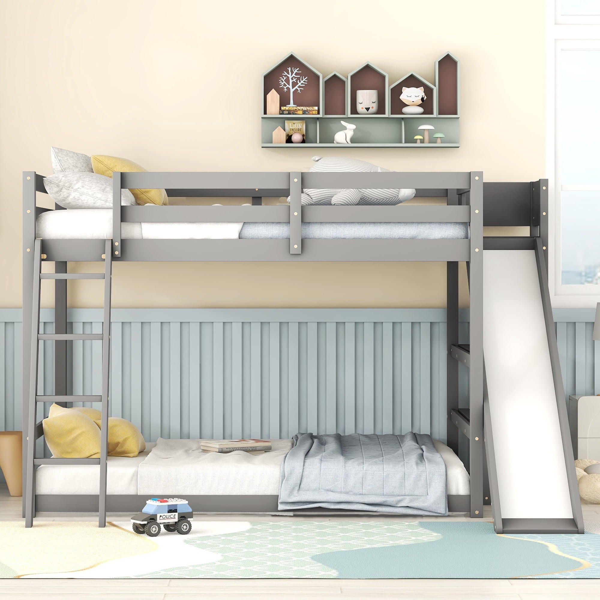 Euroco Wood Full over Full Bunk Bed with Slide and Ladder, 3-Tier Shelf for Kids Teens Bedroom, Gray