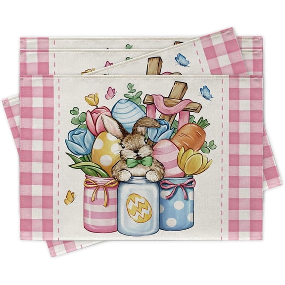 Easter Mason Jar Bunny Placemats Set of 4, Religious Cross Rabbit Eggs Carrot Tulip Flower Dining Place Mats Table Decor, Spring Pink Plaid Check Farmhouse Home Kitchen Decoration 12 x 18 Inch
