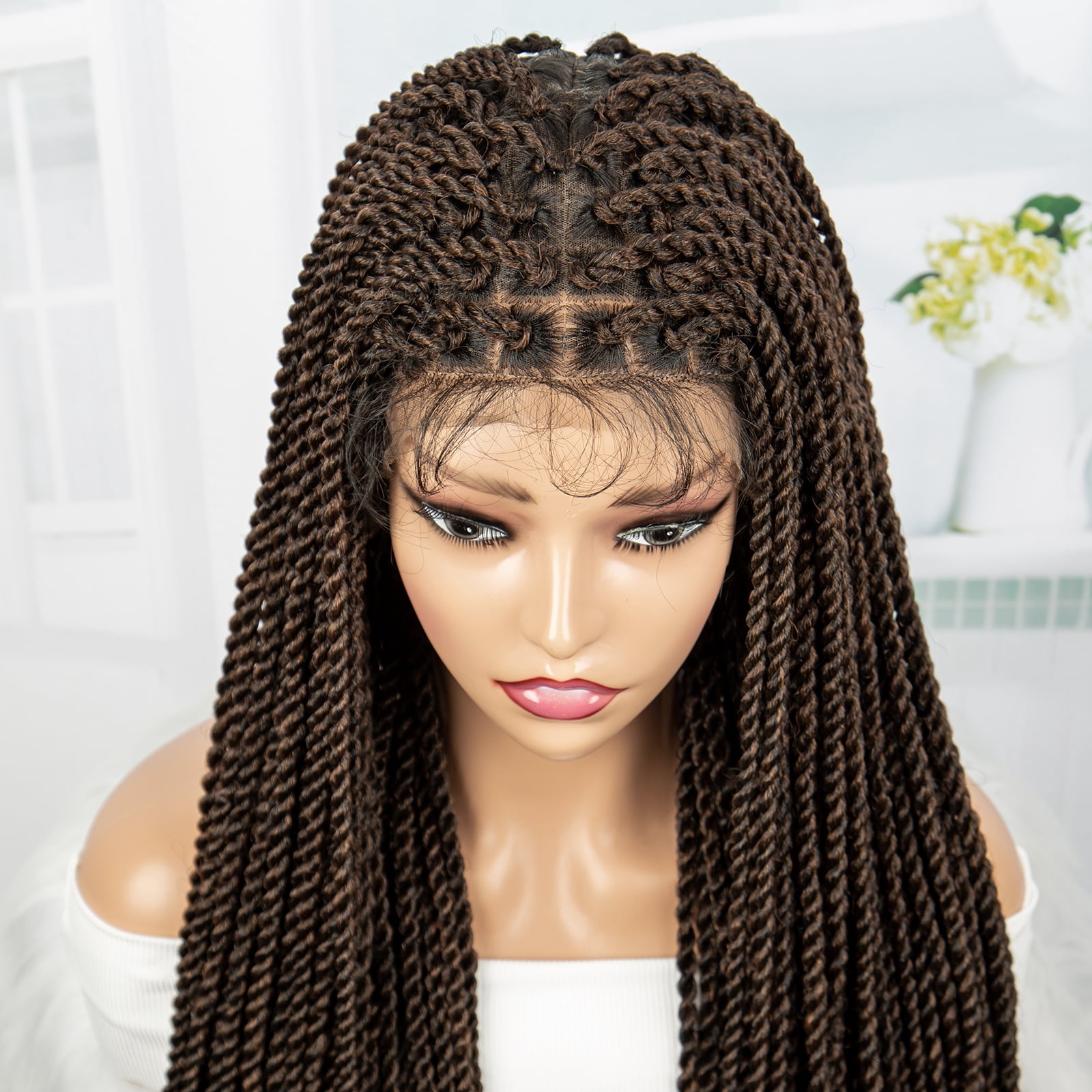 Super Long 40 Inches Twist Braided Wigs Synthetic Full Lace Frontal Wig Knotless Braiding Wigs Pre Plucked with Baby Hair for Black Women 1B/30 Color