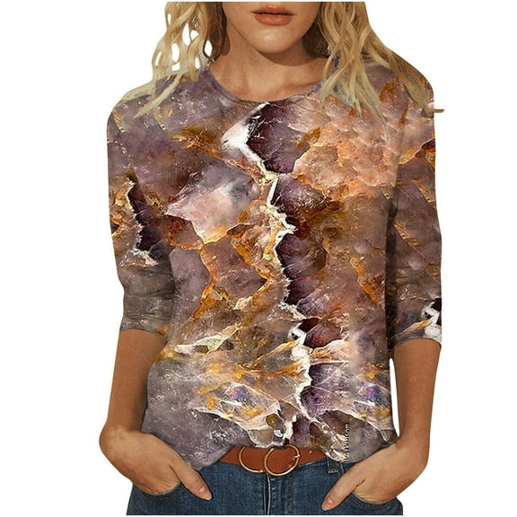 IROINNID On Sale Polyester Long Sleeve T Shirt for Women Comfortable Printed Loose T-shirt Blouse Round Neck Tops,Brown