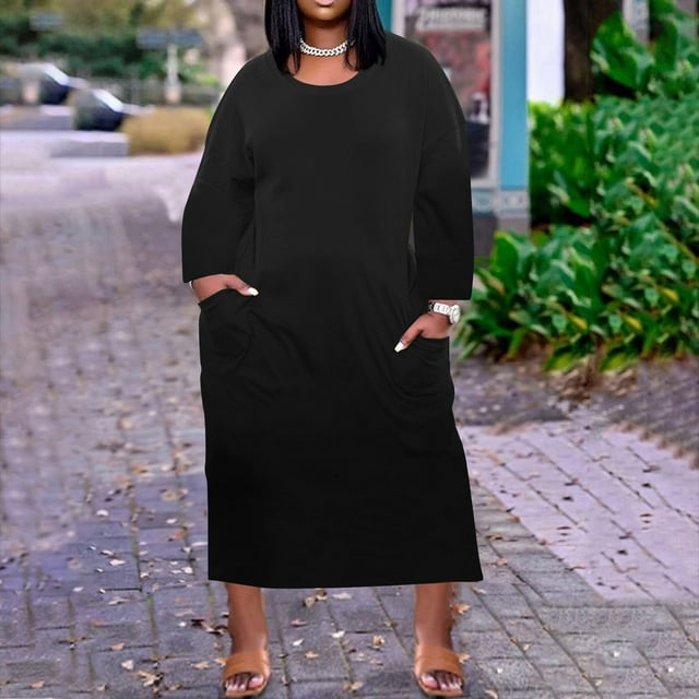 Robes pour Femmes 2024 Été Robe Oversize pour Col Rond Robes Décontractées Poches Genou Manches Longues avec Poches 50 % de Réduction Liquidation!