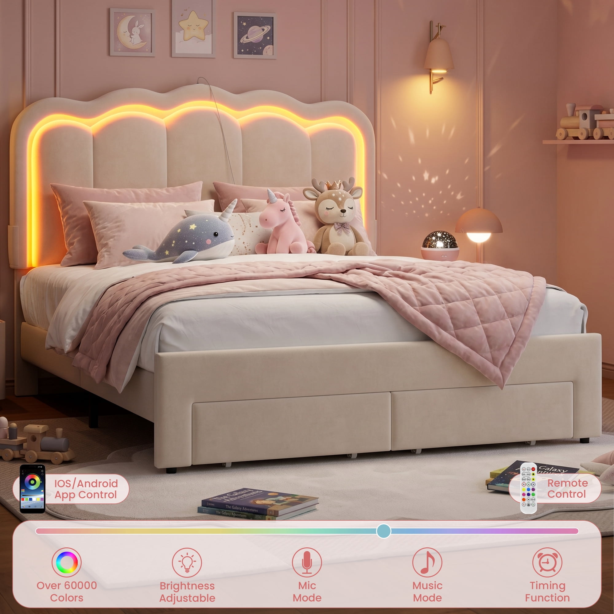 Hijob Full Size LED Bed Frame for Girls/Kids with Storage Drawers, Velvet Upholstered Platform Bed with Adjustable Headboard, Built in Charging Station, Beige