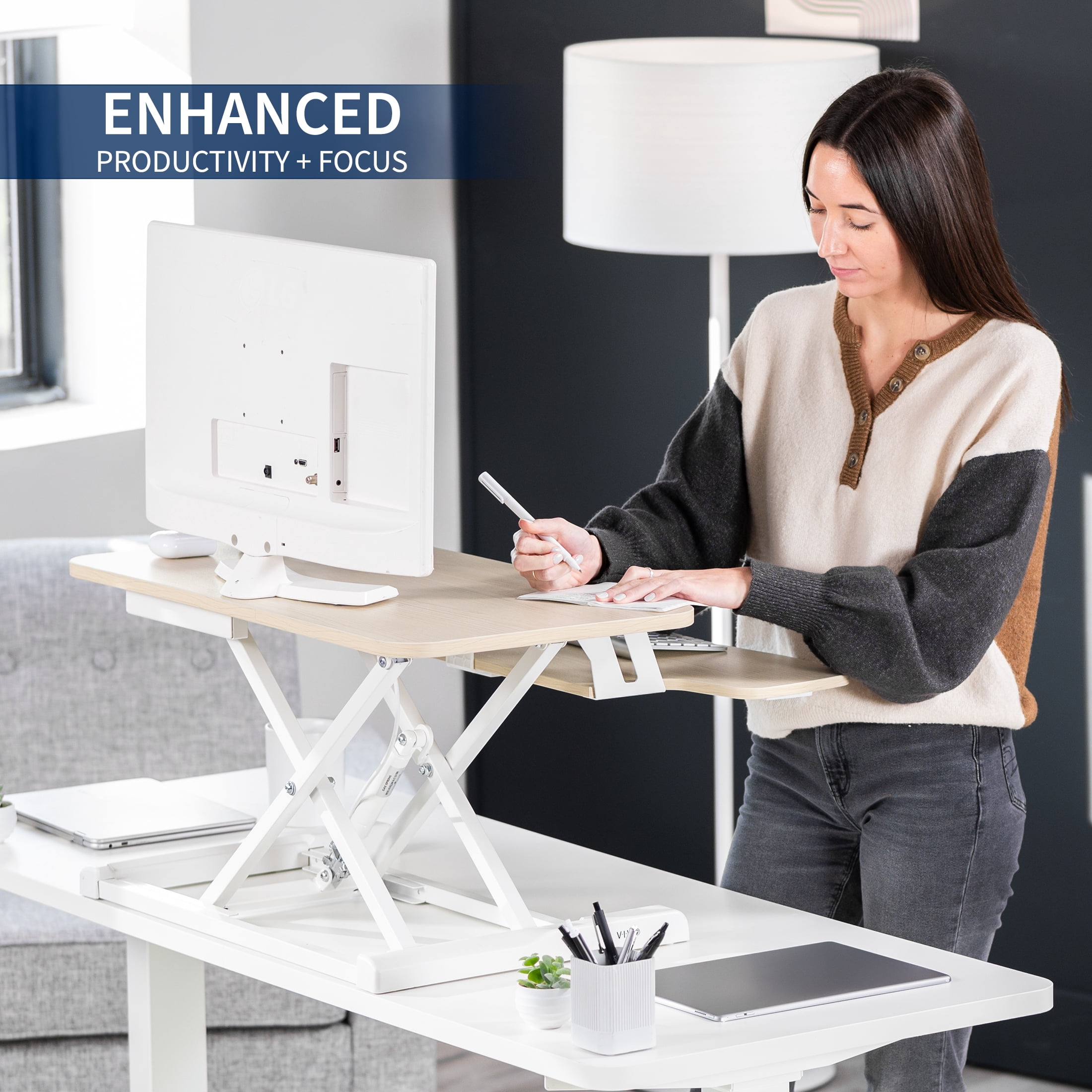 VIVO Light Wood Height Adjustable 28" Standing Desk Monitor Riser, White Frame