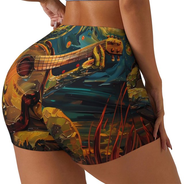 Fotbe Starry Night Guitar Turtle Shorts Sin Costuras – Shorts Deportivos de Cintura Alta para Mujer, Elásticos para Gimnasio, Yoga, Running o Ciclismo-X-Large