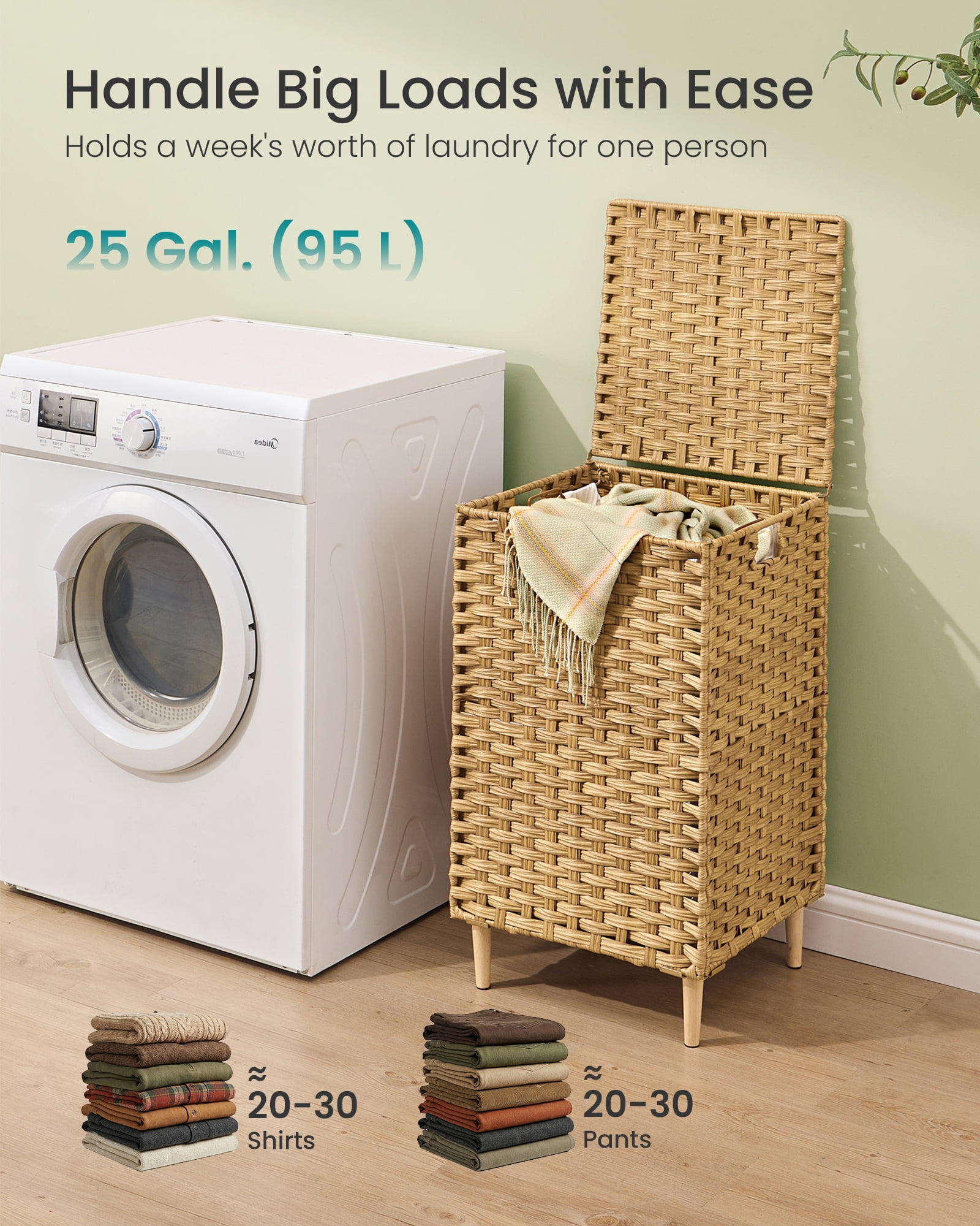 SONGMICS Laundry Hamper with Lid, PE Rattan,with Removable Liner, Storage Basket for Bedroom Living Room, 25 Gallons (95 L), Goose Yellow