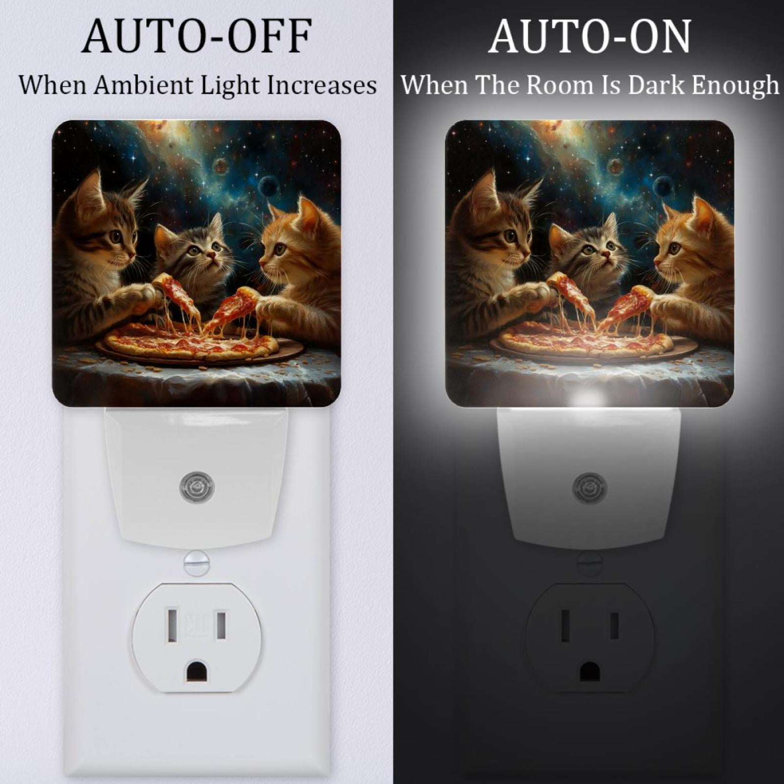 PhooArto Cute Kittens Eat Pizza Galaxy Plug in LED Night Light Auto Sensor Dusk to Dawn Decorative Night for Bedroom, Bathroom, Kitchen, Hallway, Stairs, Baby's Room, Energy Saving