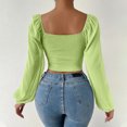thumbnail image 6 of Pincandy Women's Long Sleeve Mesh Solid Color Drawstring V-Neck Cropped Top Blouse,Green,M, 6 of 8