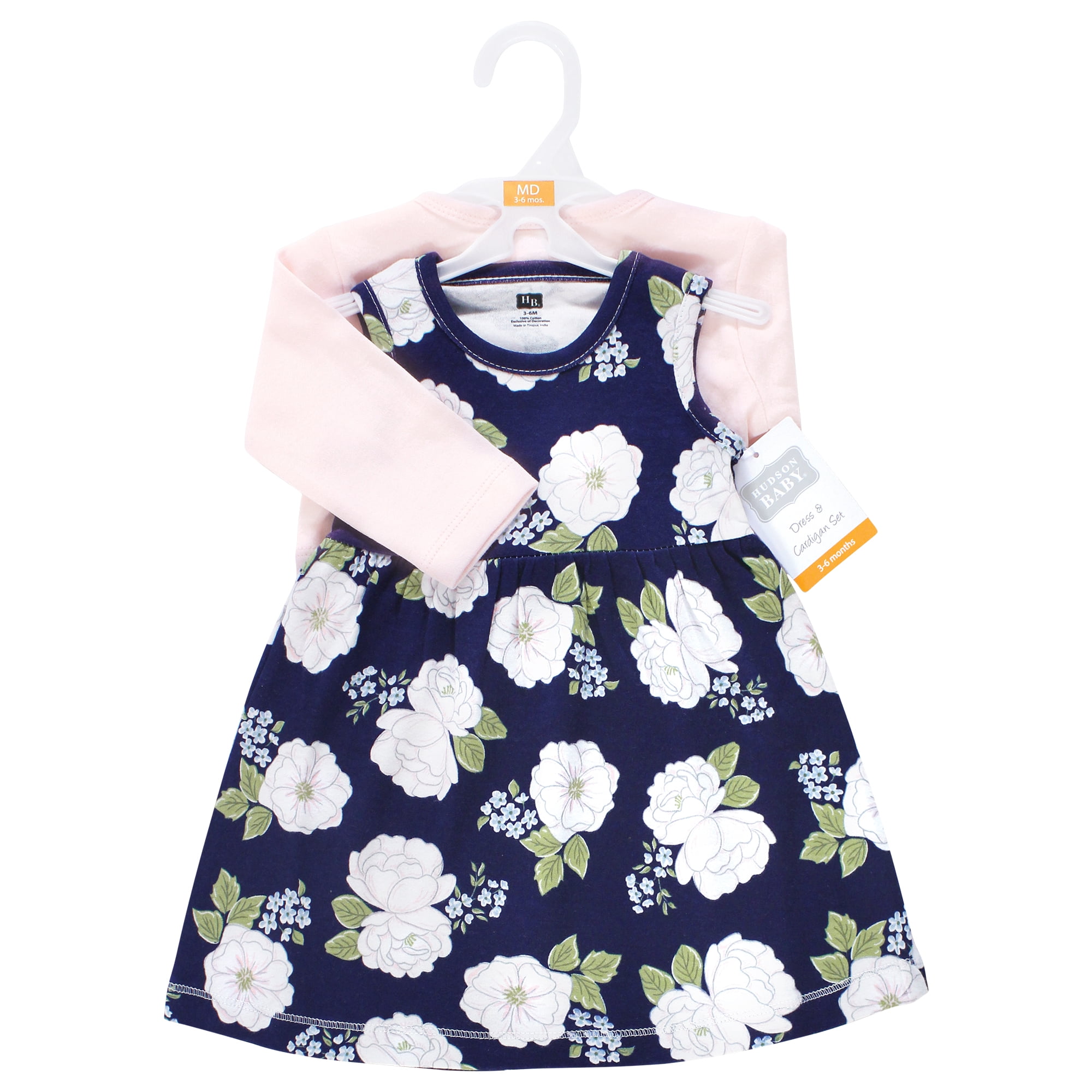 Hudson Baby Infant and Toddler Girls Cotton Dress and Cardigan Set, White Peonies, 3T