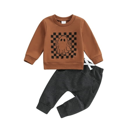 Toddler Baby Boys Halloween Outfits 0 6 12 18 24 Months 2T 3T Checkerboard Ghost Print Crew Neck Long Sleeve Sweatshirts and Long Pants 2Pcs Fall Clothes Set