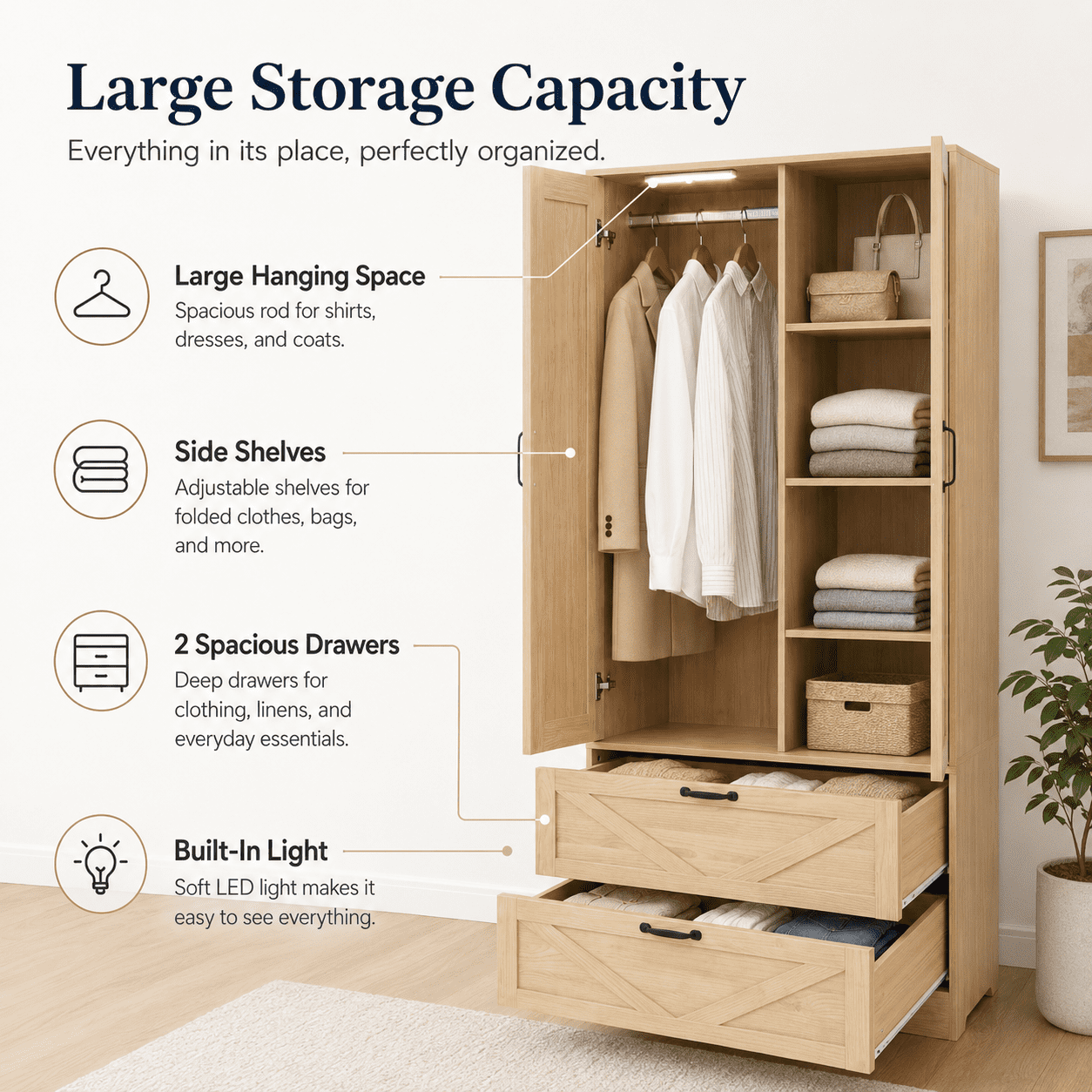 Aukfa 2-Door Wardrobe Armoire with Mirror & Built-In Induction Light, Bedroom Wood Closet with Hanging Rod & 2 Drawers,Natural