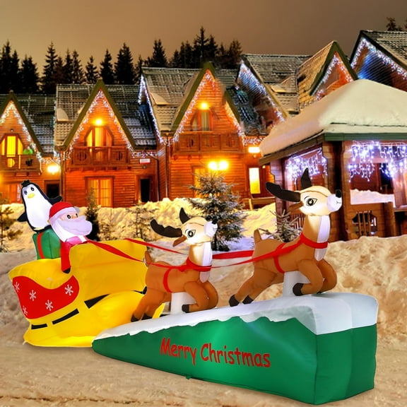 8 FT Christmas Inflatable Santa Claus on Sleigh with 2 Reindeer & Penguin, Outdoor Christmas Blow Up Yard Decorations, Xmas Decorations Clearance with Built-in LED Lights