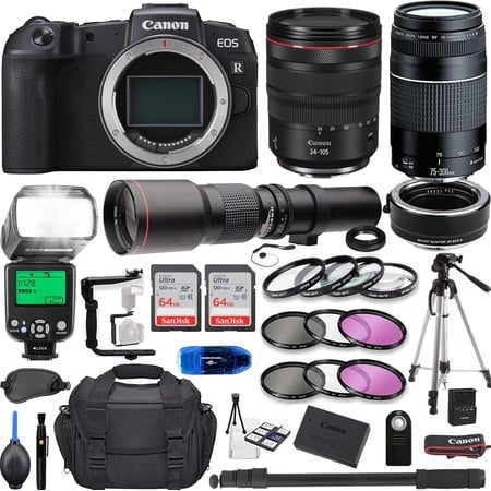 Camera Bundle for Canon EOS RP Mirrorless Camera with RF 24-105mm f/4 L IS USM  EF 75-300mm f/4-5.6 III  500mm f/8 Manual Preset Telephoto Lens + TTL Flash  128Gb Memory + Accessories Kit