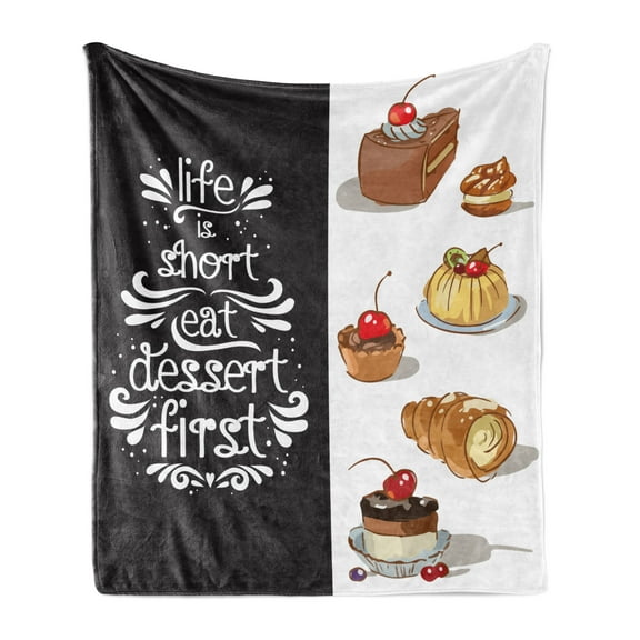 Eat Dessert First Soft Flannel Fleece Throw Blanket, Vintage Style Hand Drawn Different Dessert Doodles Patisserie, Cozy Plush for Indoor and Outdoor Use, 60" x 80", Multicolor, by Ambesonne