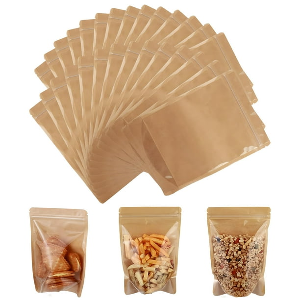 Bolsa de pie de 100 piezas, bolsa de papel kraft con ventana, transparente, bolsa de almacenamiento de alimentos con cierre resellable