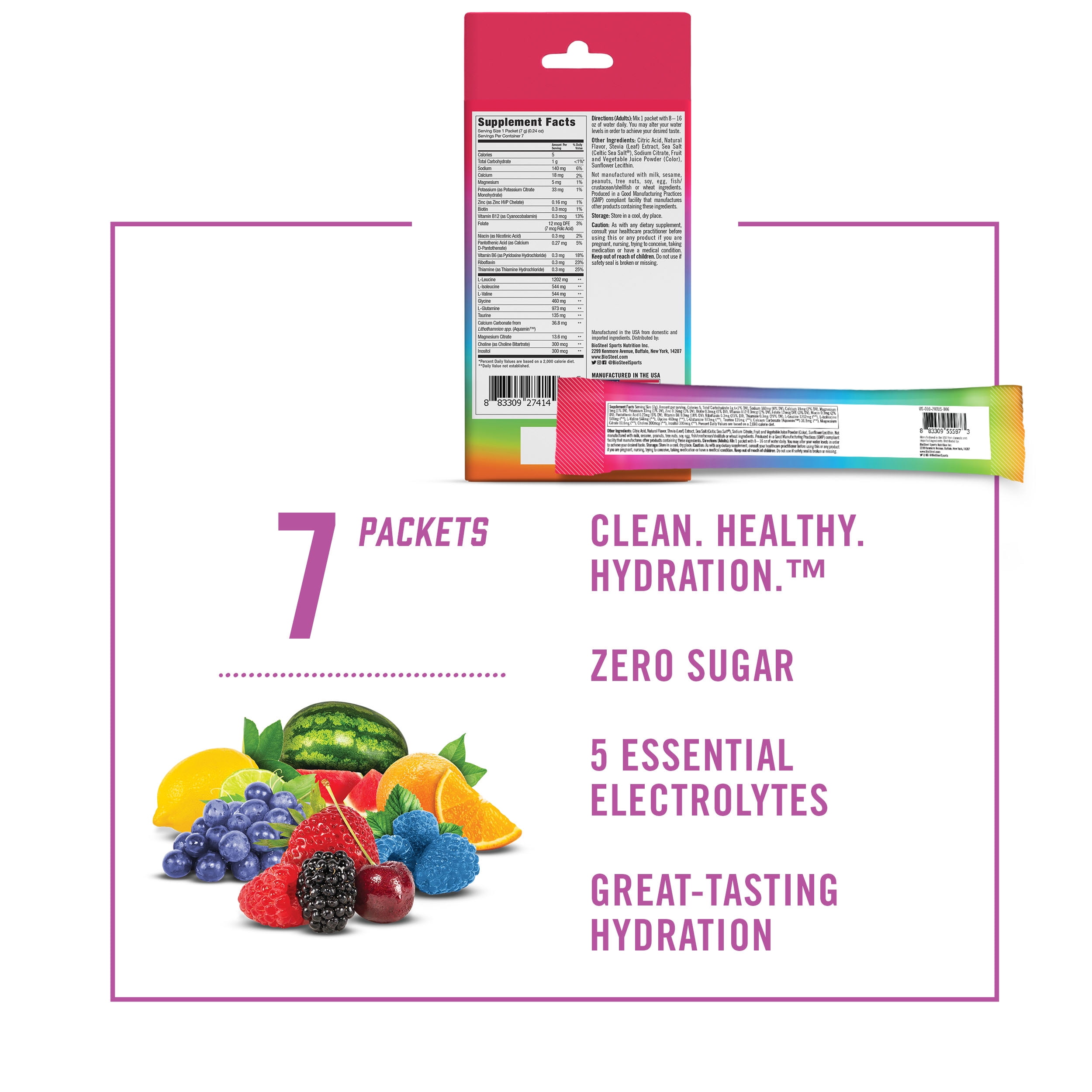 BioSteel Hydration Mix, Sugar-Free with Essential Electrolytes, Rainbow Twist, 7 Single Serving Packets