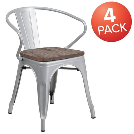 UPC: 0889142862628 | Flash Furniture 4 Pk. Metal Chair with Wood Seat and Arms Side Chairs Silver Wood  Metal