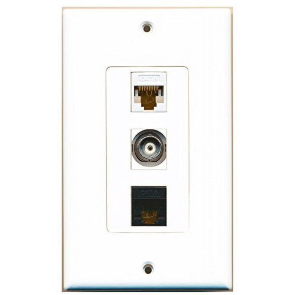 RiteAV - 1 Port BNC and 1 Port Cat6 Ethernet White and 1 Port Cat6 Ethernet Black Decorative Wall Plate Decorative