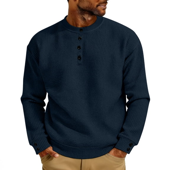 Long Sleeve Shirts for Men Casual Button Crewneck Waffle Knit Tops, Pullover Sweaters Basic Tee Workwear Sweatshirts Navy 3XL