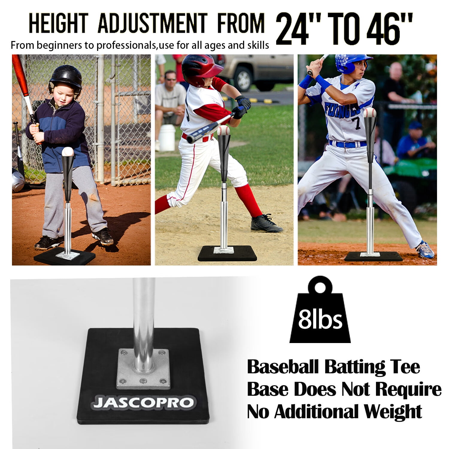 CureCalor Metal Baseball Batting Tee, 24-46" Adjustable Height, Handrolled Flexible Rubber Top
