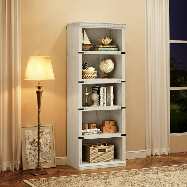 Historyli Estantería de 5 Niveles, Librería Estilo Rústico, Estante Alto de 67.4" (171 cm) con Almacenamiento, Estantes de Madera para Sala de Estar, Oficina en Casa, Blanco Antiguo