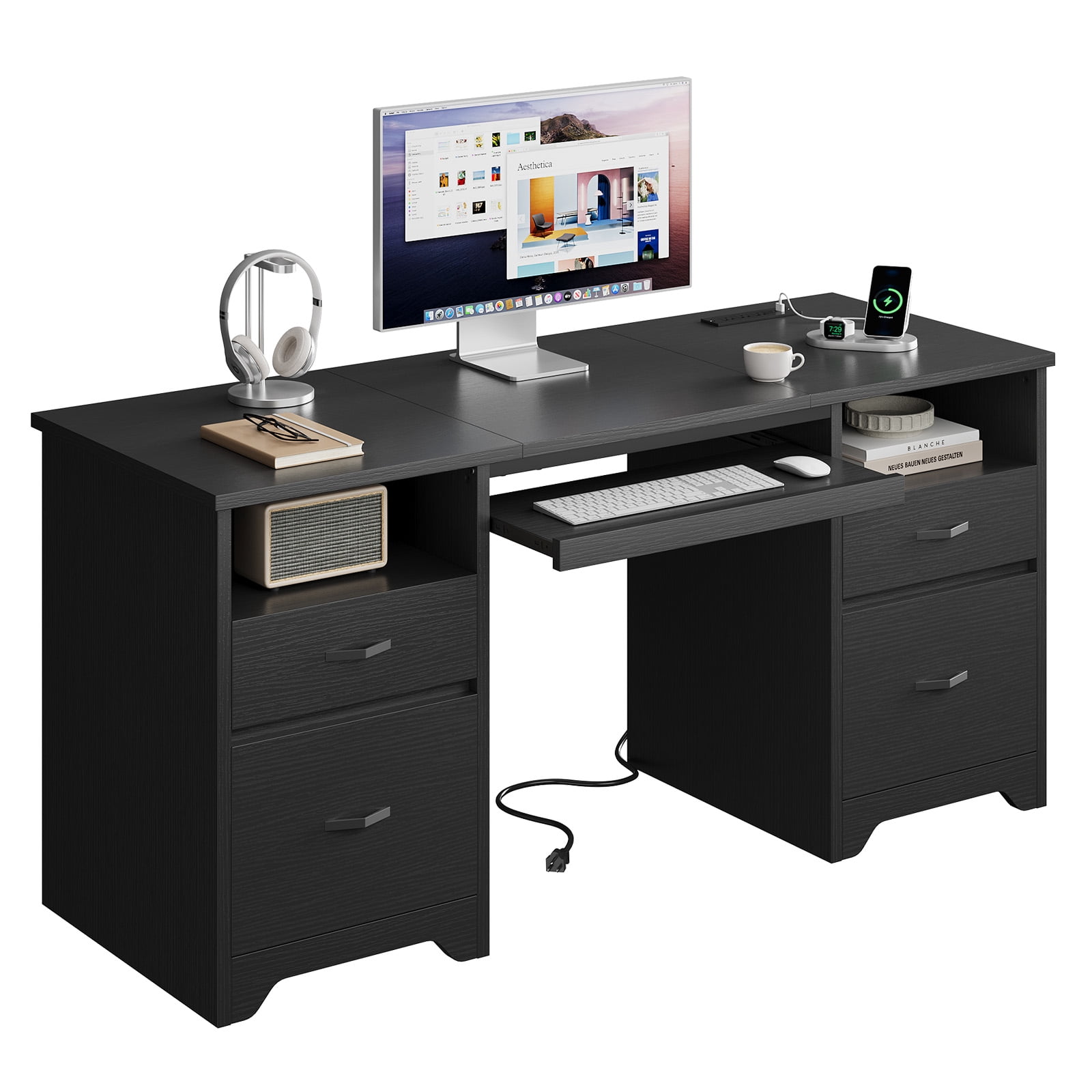 Bestier 59''Computer Desk with 4 Drawers,Office Desk with Storage,Modern Executive Desk with File Drawer, Office Desk with Charging Station, Keyboard Tray for Home office, Study & Bedroom，Black