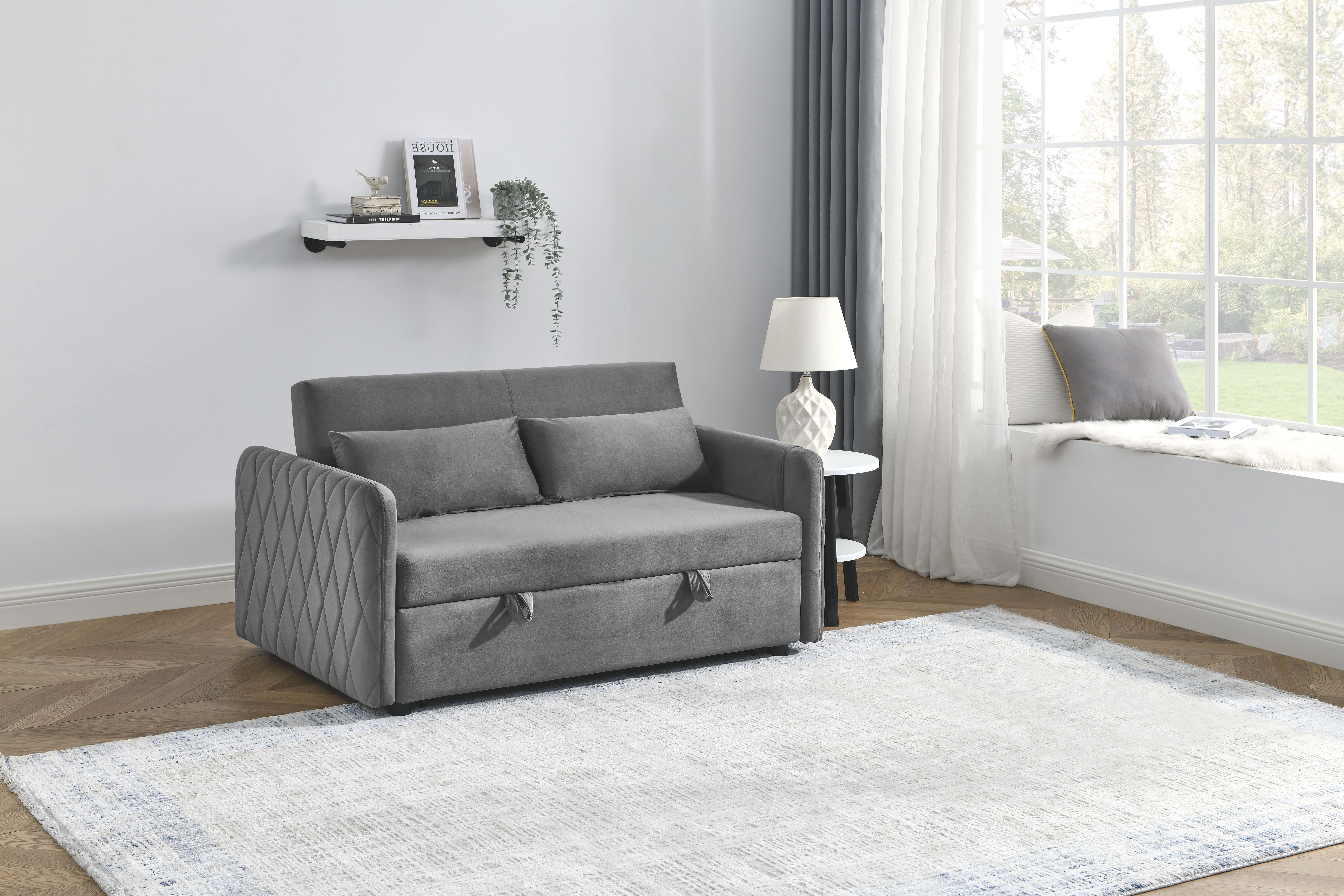 DEALTOPS 55" Modern Velvet Pull Out Sofa Bed Loveseat Lounge Chaise,Sleeper Sofa Bed with Adjustable Backrest 2 Detachable Arm Pockets - Gray