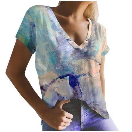 

Crop Tops for Women Tunic Tops Casual Women s Round Neck Summer Sexy Gradient Print Regular Women s Short Sleeve Top Womens Workout Tops Black Shirts for Women New Arrival Blue M