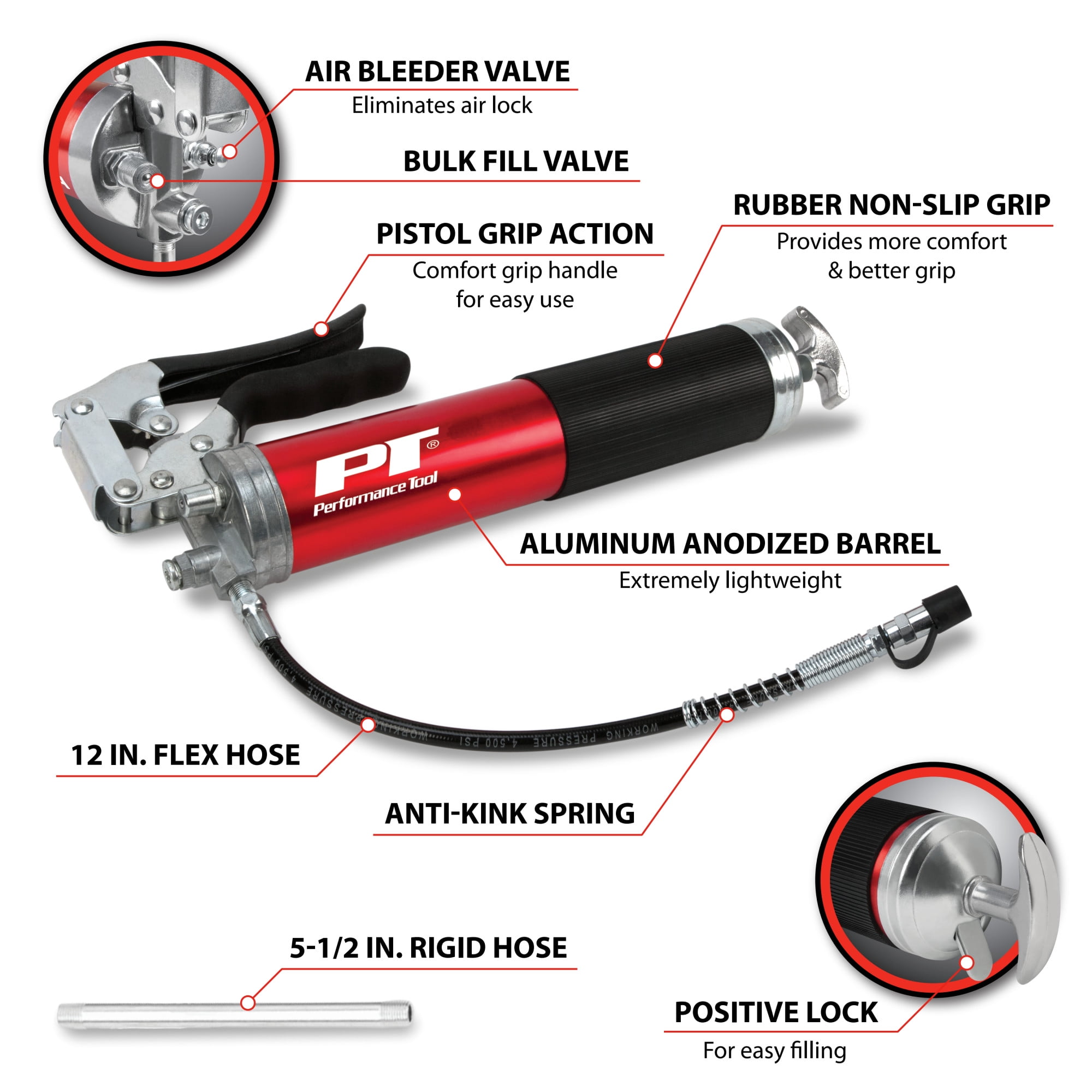 Performance Tool W54291 Lightweight Pistol Grip Grease Gun with Anodized Aluminum Barrel, T-Handle, and 4-Jaw Coupler, Accepts 14 oz Cartridges