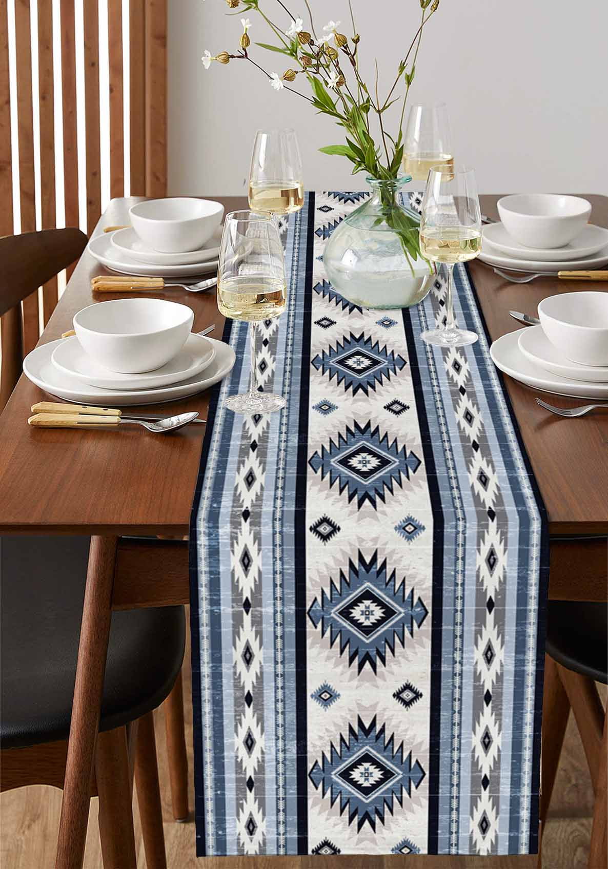 Blue Southwestern Burlap Cotton Table Runner 14x72 Inches Long, Boho Aztec Ethnic Abstract Print Farmhouse Table Runners, Outdoor Dining Tablecloths Decor for Baby Shower/Party/Wedding