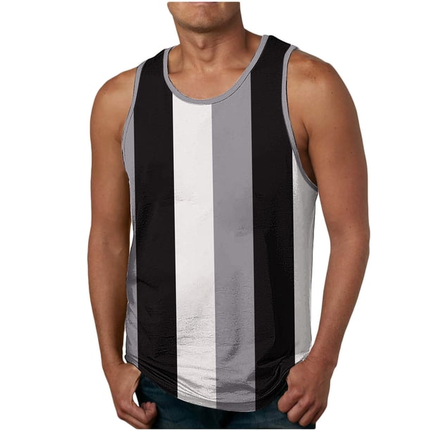 Camiseta sin mangas de cuello redondo para hombre, ropa de ocio, fitness, para el hogar, pijamas, camiseta con estampado de rayas de moda a color, blusa deportiva de poliéster para hombre