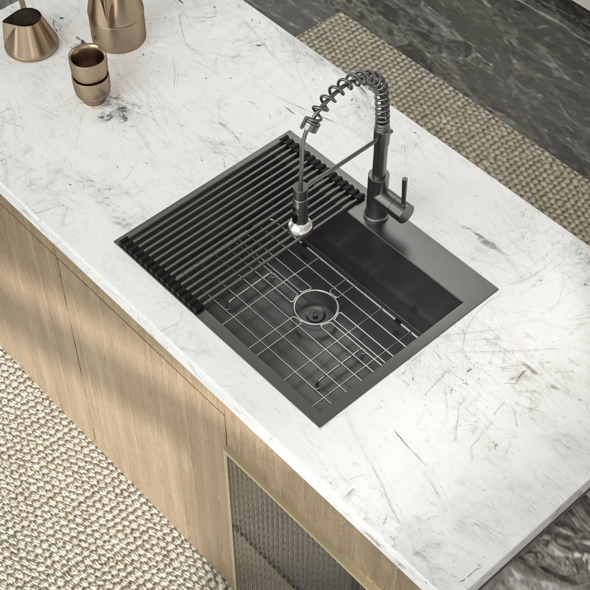 Logmey 28"x22 Drop in Stainless Steel Kitchen Sink Single Bowl Gunmetal Black with Drainer Top-mount  Sinks