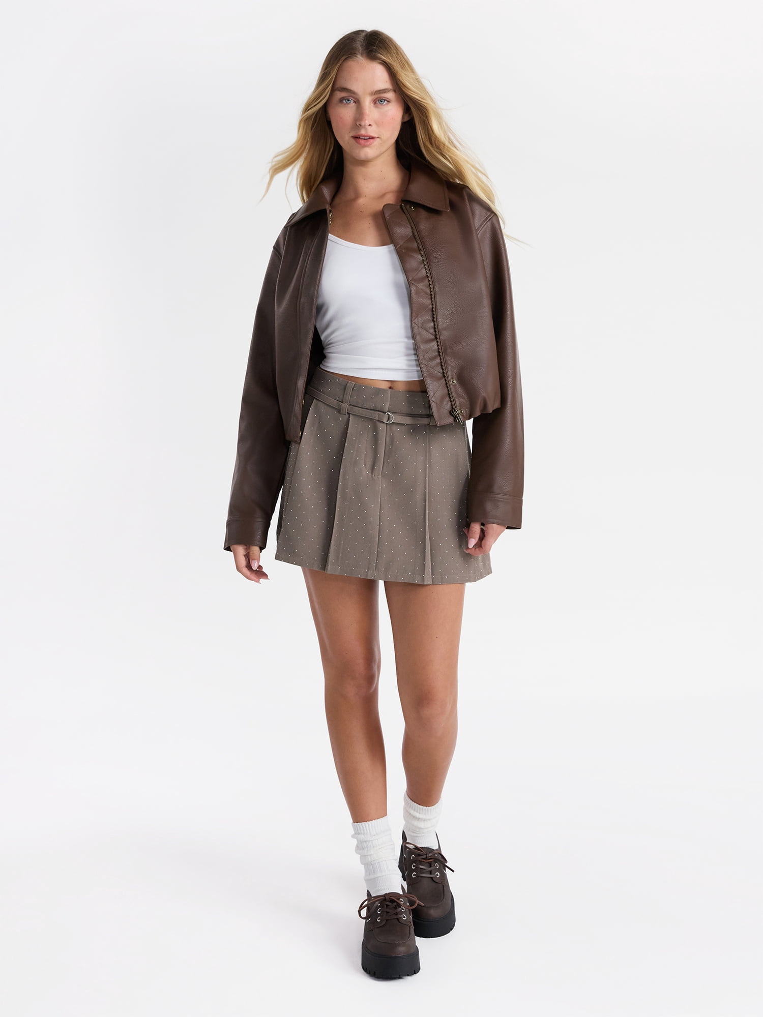 No Boundaries Bubble Hem Faux Leather Bomber Jacket, Women's