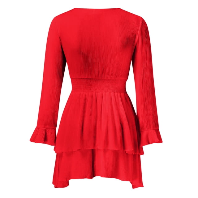 Robes Grande Taille Nœud devant Col en V Volants Manches Longues Imprimé Floral Robe Mini Femme Rouge TG
