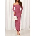 thumbnail image 3 of PRETTYGARDEN Womens Fall Long Sleeve Maxi Dress Off Shoulder Mesh Ruched Bodycon Trendy Long Wedding Guest Dresses, 3 of 10
