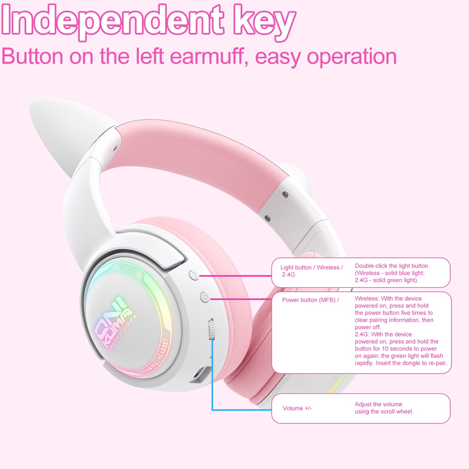 Siivton Cat Ear Wireless Bluetooth Gaming Headset with 2.4G Dongle, 50mm Drivers, 60H Playtime, Built-in Mic, RGB Lights – for PC, PS5, PS4, Switch, Mobile,Pink